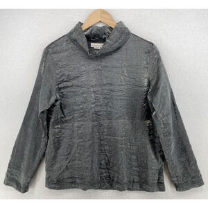GARRON Top Women M Metallic Crinkle Mock Neck Long Sleeve Gray Silver
